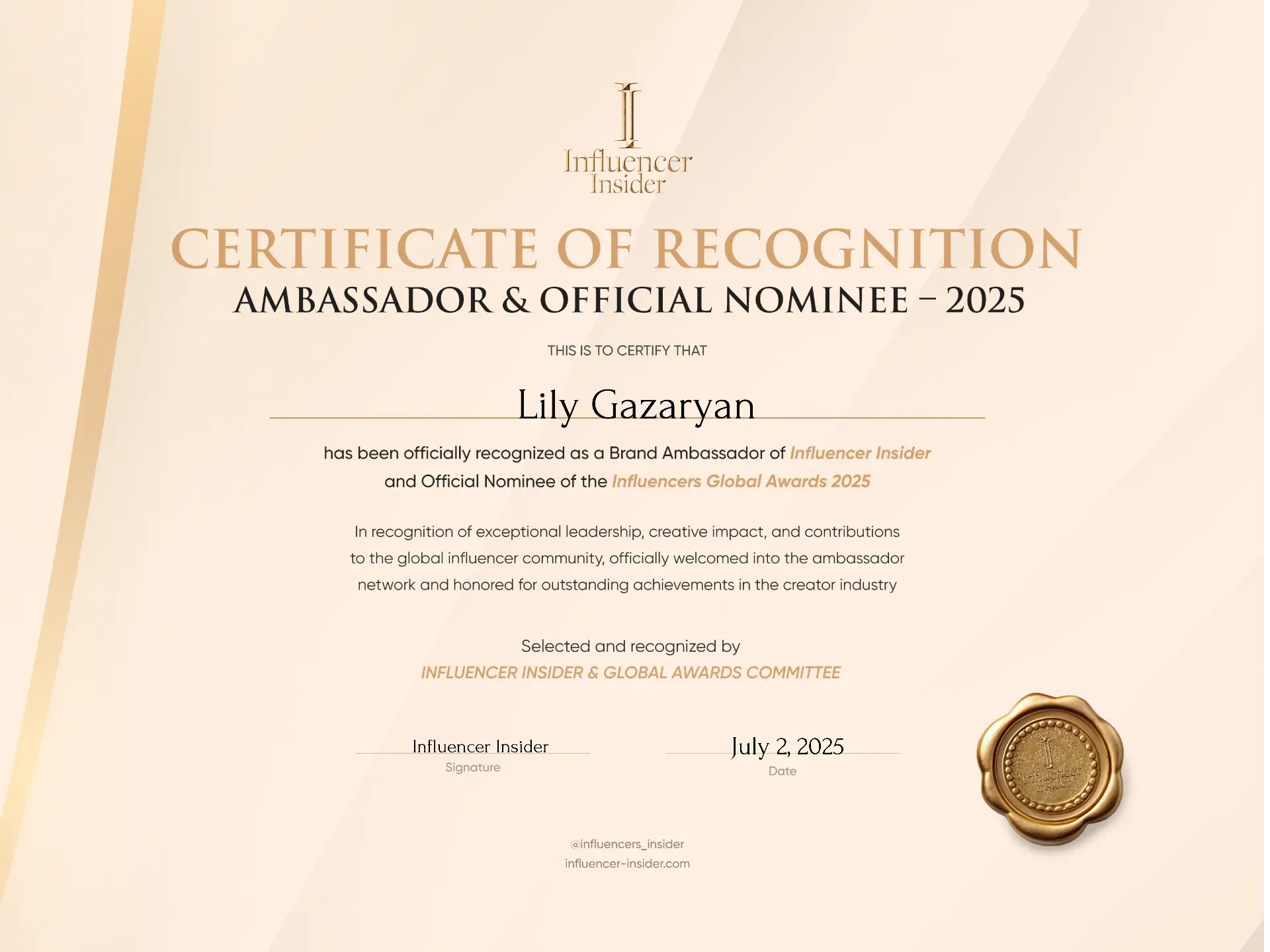 Certificate of Nomination, Influencer Awards